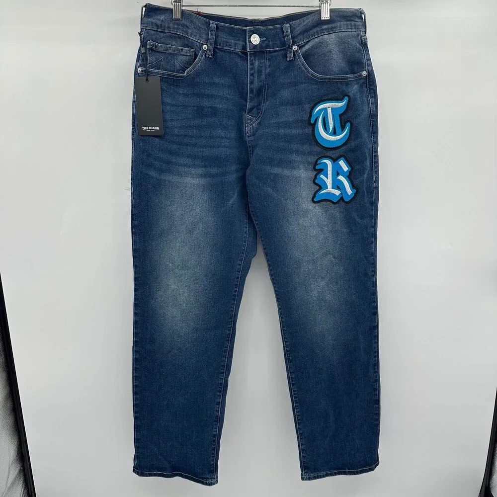 True Religion Bobby Applique Relaxed Baggy Jeans Medium Blaze Wash 33X32 NWT New